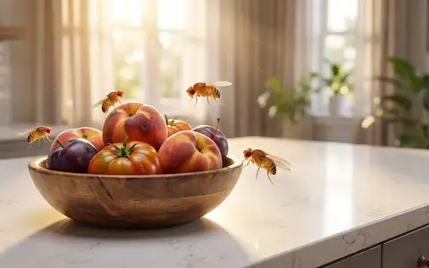 Close-up of common fruit flies (Drosophila melanogaster) hovering over a bowl of ripe peaches and tomatoes on a Boise kitchen counter in mid-summer