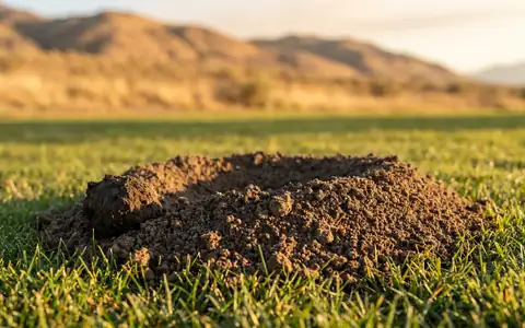 Fan-shaped pocket gopher mound with plugged entry hole on a Boise foothills lawn in July