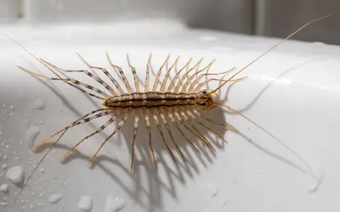 Close-up of a house centipede (Scutigera coleoptrata) on a white bathroom tile, illustrating the pest most commonly found indoors in Boise, Idaho homes