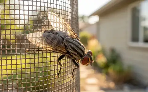 Extreme close-up macro photograph of a common house fly (Musca domestica) resting on the outside window screen of a Boise home in July, showing the classic 4 dark thorax stripes and red compound eyes
