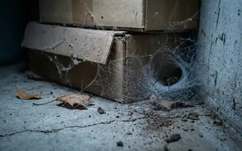 Dark garage corner with spider web illuminated by light showing fall spider prevention in Idaho