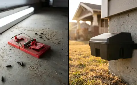 Side-by-side comparison of DIY snap traps in a Boise garage next to a professional mouse exterminator's tamper-resistant bait station