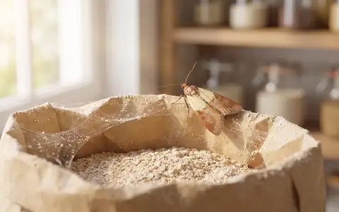 Adult Indian meal moth (pantry moth) with distinctive two-tone copper and cream wings resting on the edge of an open bag of flour in a Boise kitchen pantry
