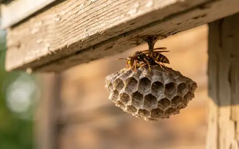 Paper wasp nest under the eave of an Idaho home with the umbrella-shaped open cells visible