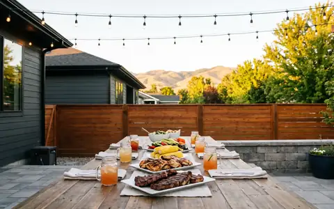 Boise backyard patio set for a summer BBQ with string lights, no wasps or flies in sight