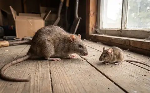 Norway rat and house mouse side by side on a wooden surface for size comparison, Idaho pest identification
