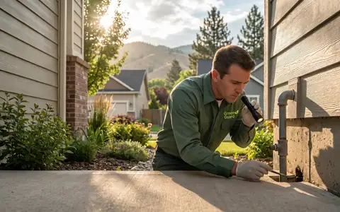 Professional rodent control technician inspecting a Boise home exterior for mouse and rat entry points