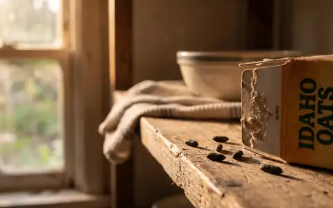 Close-up of small rice-grain mouse droppings on a wooden Boise pantry shelf next to a chewed cereal box, the earliest sign of mice inside an Idaho home