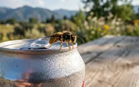 Close-up of a yellow jacket sting on a person's hand with cold compress nearby, illustrating wasp sting first aid in an Idaho backyard