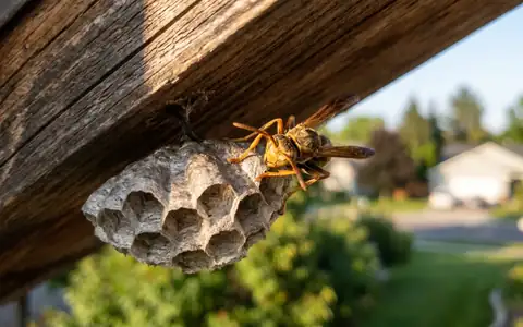 Paper wasp on its gray umbrella-shaped nest under a Boise home eave during peak summer wasp season