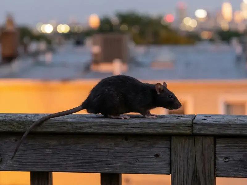 A black rat sits on a wooden railing or rooftop ledge at dusk, with a blurred city skyline in the background