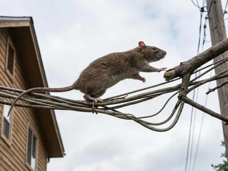 A rat climbs along power lines near a two-story house under an overcast sky