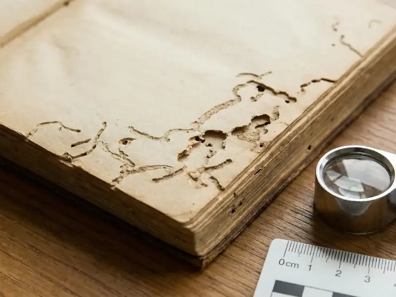An antique book with pages showing trails of insect damage and holes, next to a ruler and jeweler's loupe for scale on a wooden table