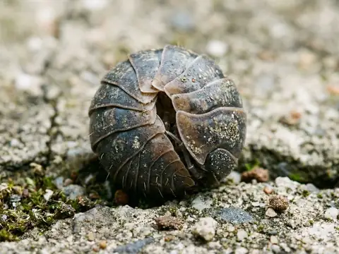 Extreme close-up of a pillbug rolled into a defensive ball on damp, rocky ground