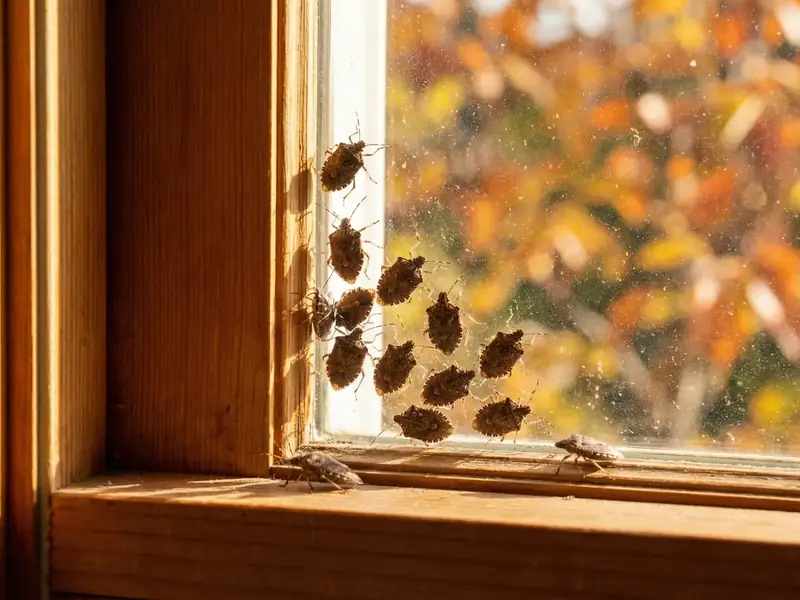 Macro close-up of several stink bugs clustered in the corner of a wooden window frame, with autumn leaves visible through the glass outside