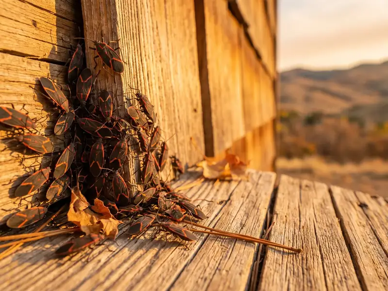 A cluster of stink bugs gathered on a wood deck railing post, foothills visible in the background