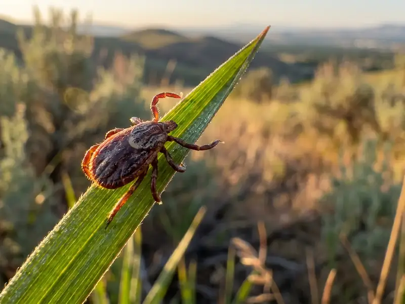 A closeup of a tick perched on a blade of grass outdoors with foothills visible in the background