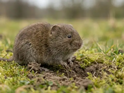 Close-up of a vole sitting in green grass outdoors