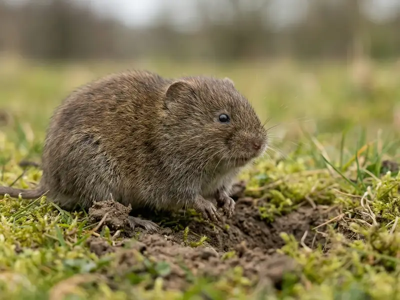 Close-up of a vole sitting in green grass outdoors