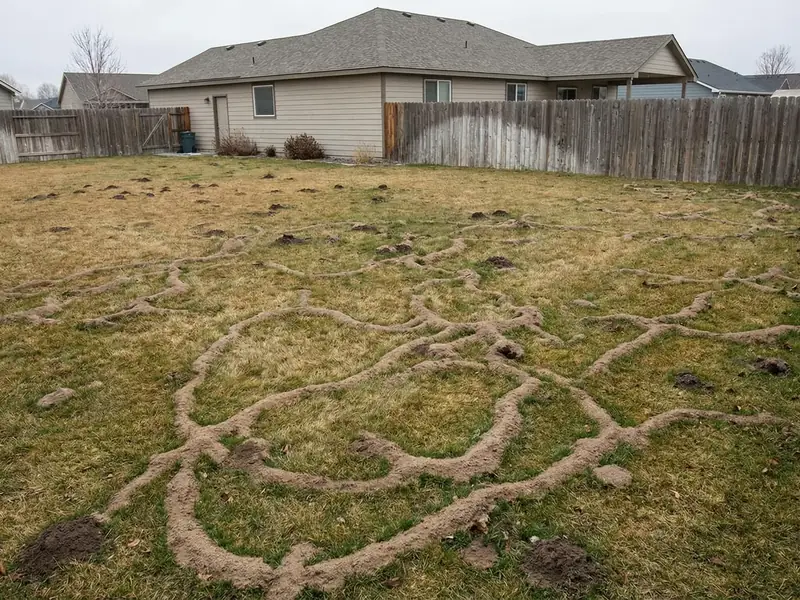A backyard lawn showing winding raised tunnel trails and dirt patches from underground rodent activity, bordered by a wooden fence and a house