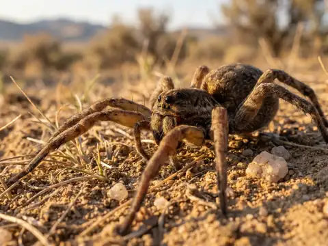 Close-up of a wolf spider on dry dirt and gravel ground in bright outdoor light