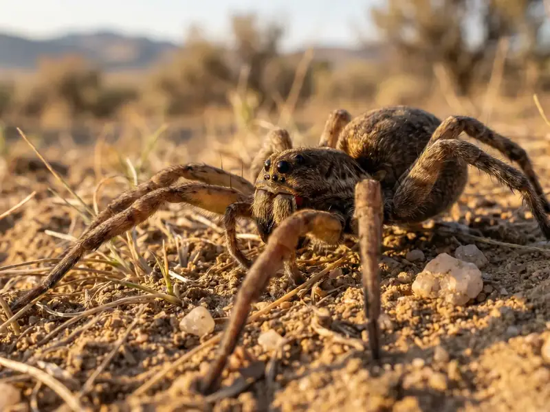 Close-up of a wolf spider on dry dirt and gravel ground in bright outdoor light