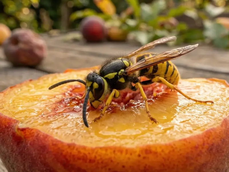 Close-up of a yellow jacket feeding on a sliced peach on a wooden table, with other fallen fruit scattered nearby