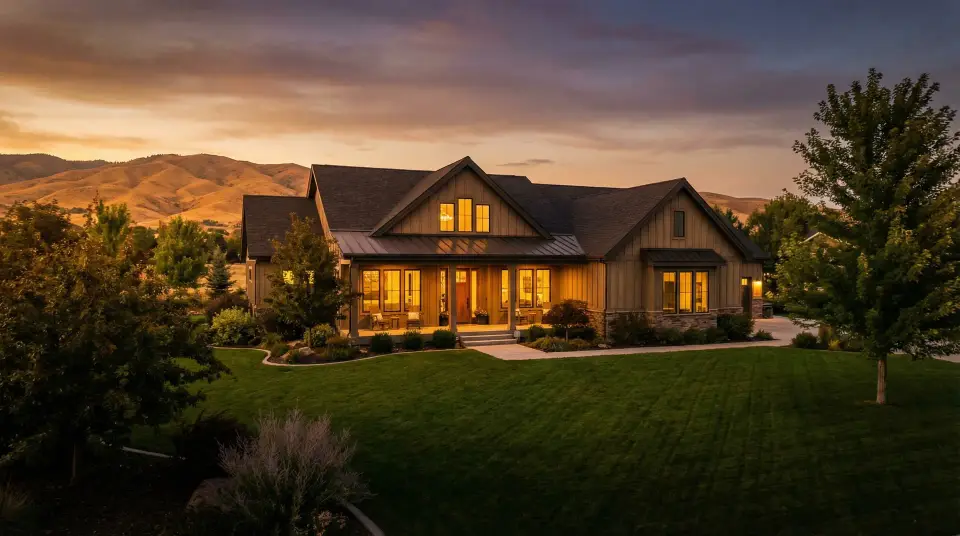 A farmhouse-style home lit warmly at dusk, with a landscaped lawn, trees and the foothills behind
