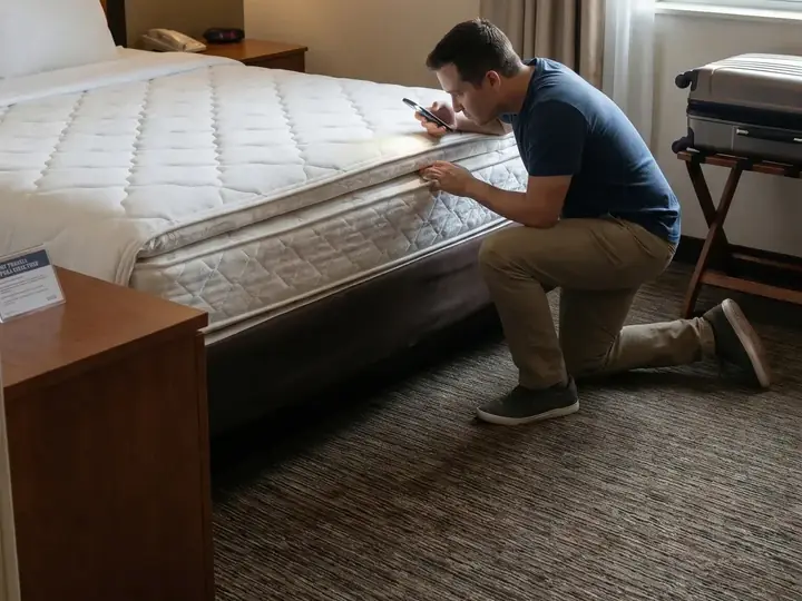 A traveler checking a hotel mattress seam with a phone flashlight