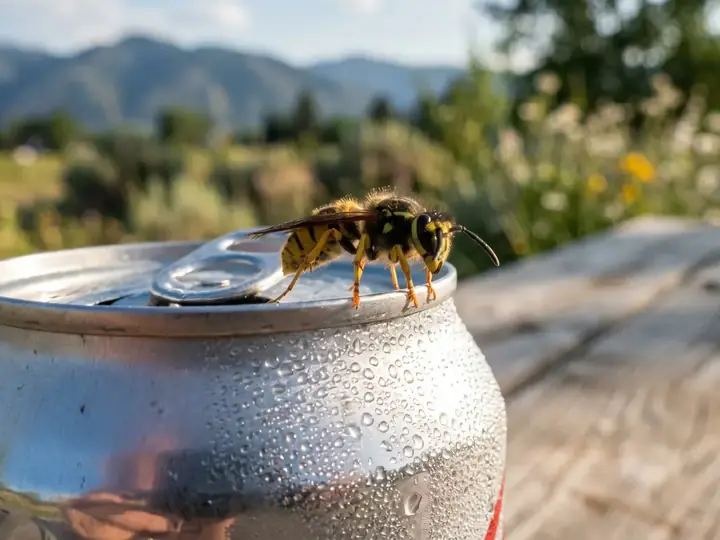 A wasp on the rim of a soda can on a picnic table