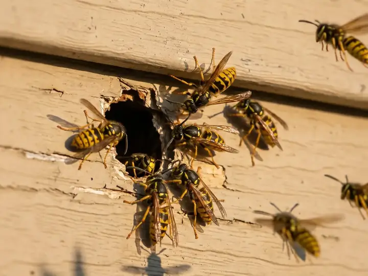 Yellow jackets swarming a nest entrance in wood siding
