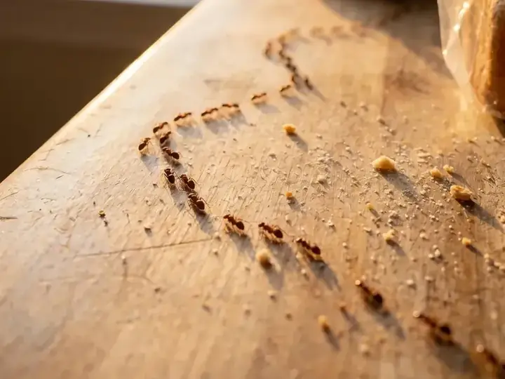 A trail of small ants crossing a kitchen counter near crumbs