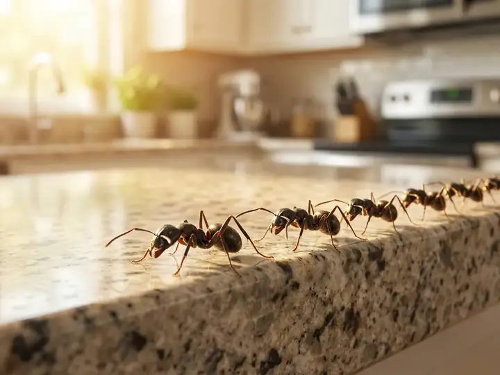 A line of ants marching along the edge of a granite kitchen countertop