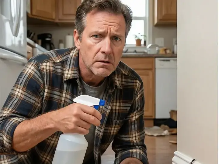 A homeowner spraying ants on a kitchen floor with a store-bought spray bottle