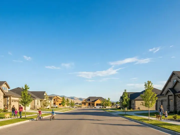 A Treasure Valley street of stone-accented homes on a sunny day
