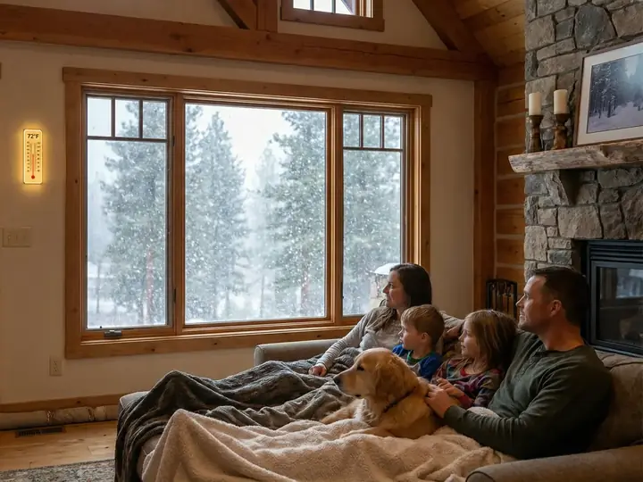 A family with two children and a dog relaxing on a couch at home