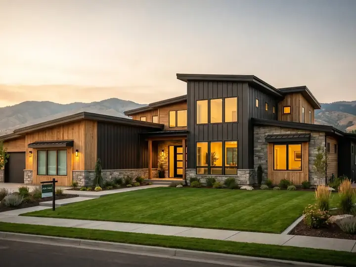 A modern Treasure Valley home at dusk with warm interior lights