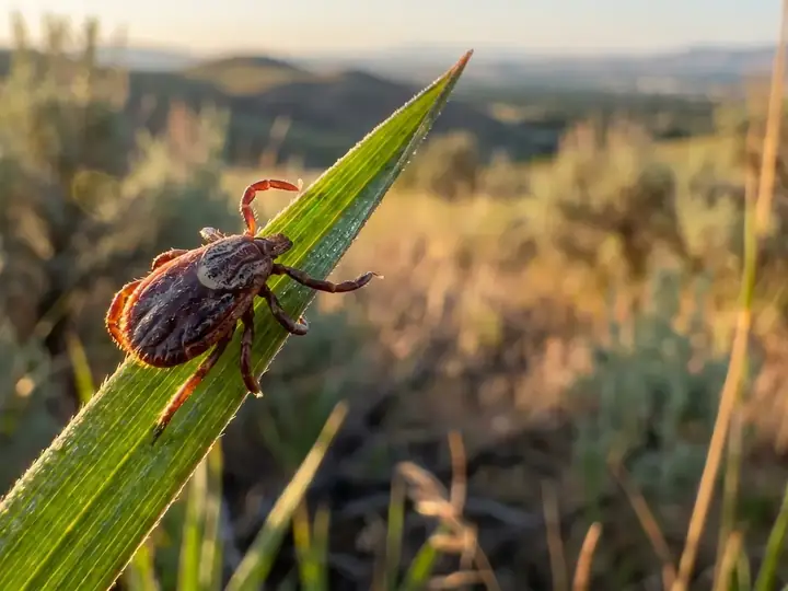 A tick on a blade of grass with the Idaho foothills behind