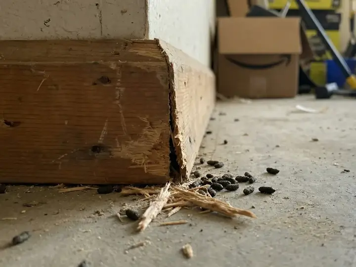 Rodent droppings and gnawed wood shavings at the base of a beam in a garage