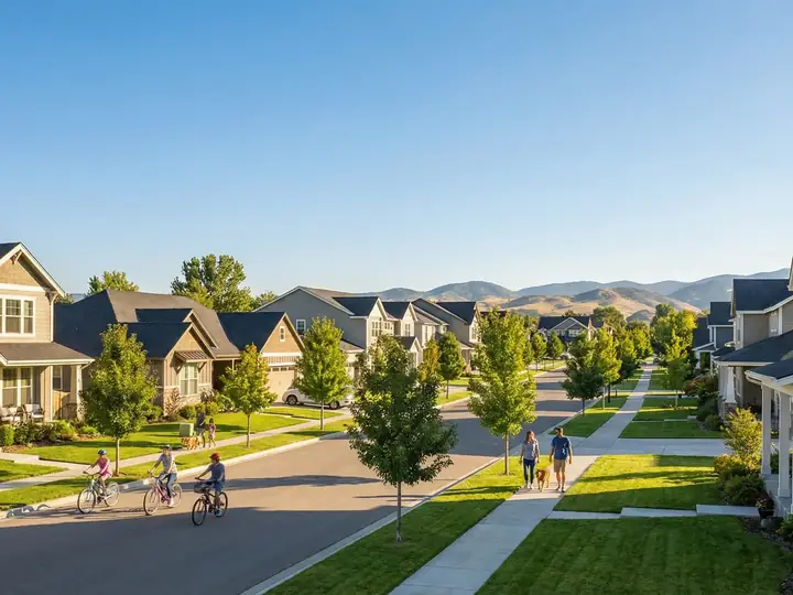 A landscaped Treasure Valley street with families biking and walking