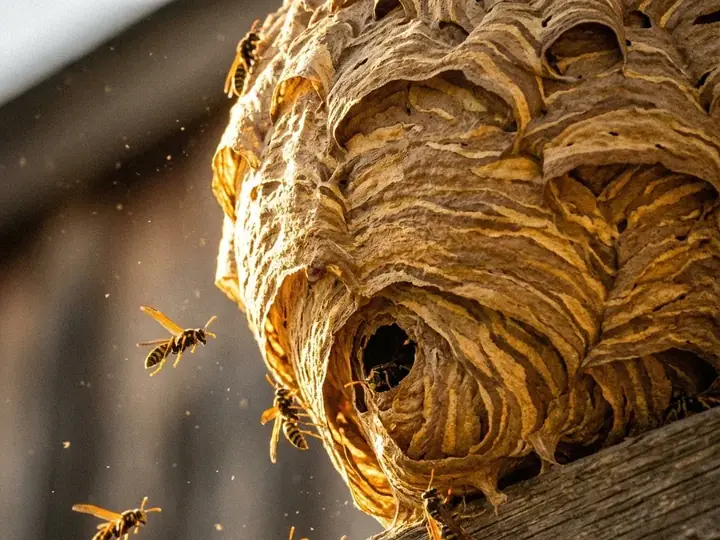 A paper wasp nest on a wood beam with wasps flying around it