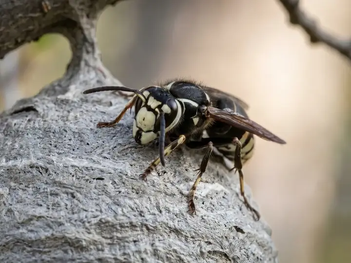 A bald-faced hornet perched on its gray paper nest